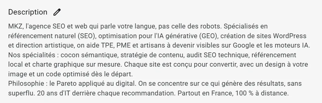 Champ Description d'une fiche d'établissement Google contenant la présentation de l'entreprise