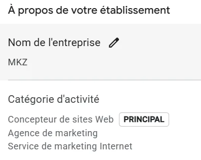 Écran À propos de votre établissement affichant le nom MKZ et trois catégories, Concepteur de sites Web étant la catégorie principale