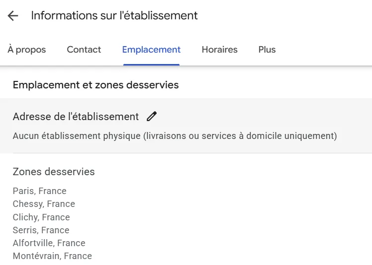 Écran Emplacement et zones desservies indiquant aucun établissement physique, suivi de la liste des villes couvertes