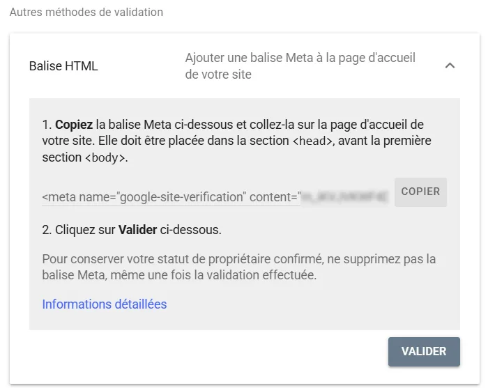 Fenêtre de vérification de la propriété dans Google Search Console montrant la méthode balise HTML avec son code à copier