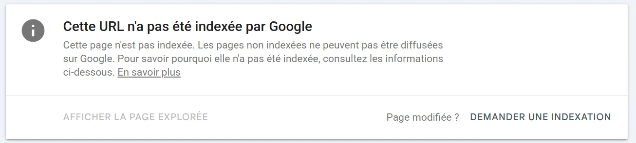 Résultat d'inspection d'URL dans Google Search Console indiquant que l'URL n'est pas indexée, avec le bouton Demander une indexation sous le verdict