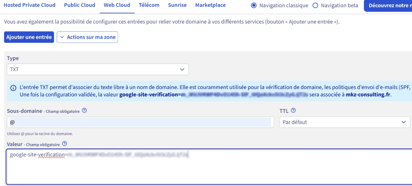 Interface OVH de la zone DNS montrant l'ajout d'une entrée TXT contenant le code google-site-verification