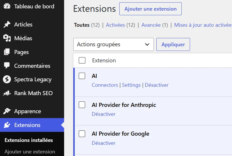 Page Extensions de WordPress listant les extensions installées, chacune avec son lien Désactiver.