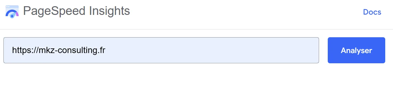 Page d'accueil de PageSpeed Insights avec le champ de saisie d'URL et le bouton Analyser mis en évidence.
