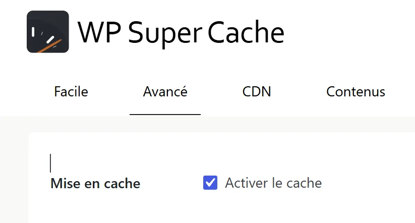 Réglages avancés de l'extension WP Super Cache dans WordPress, avec la case Activer le cache cochée.