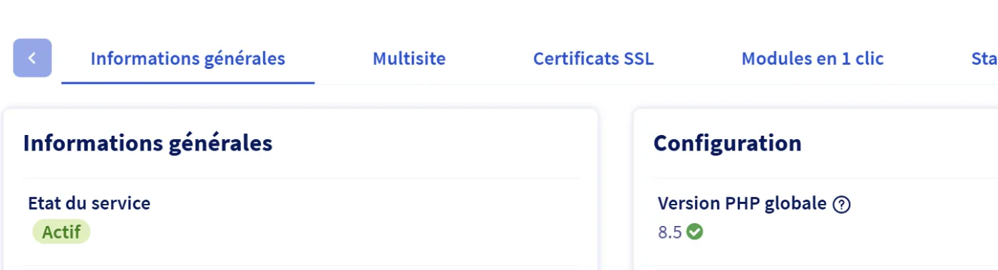 Espace client OVH affichant la page d'un hébergement web et sa version PHP globale.